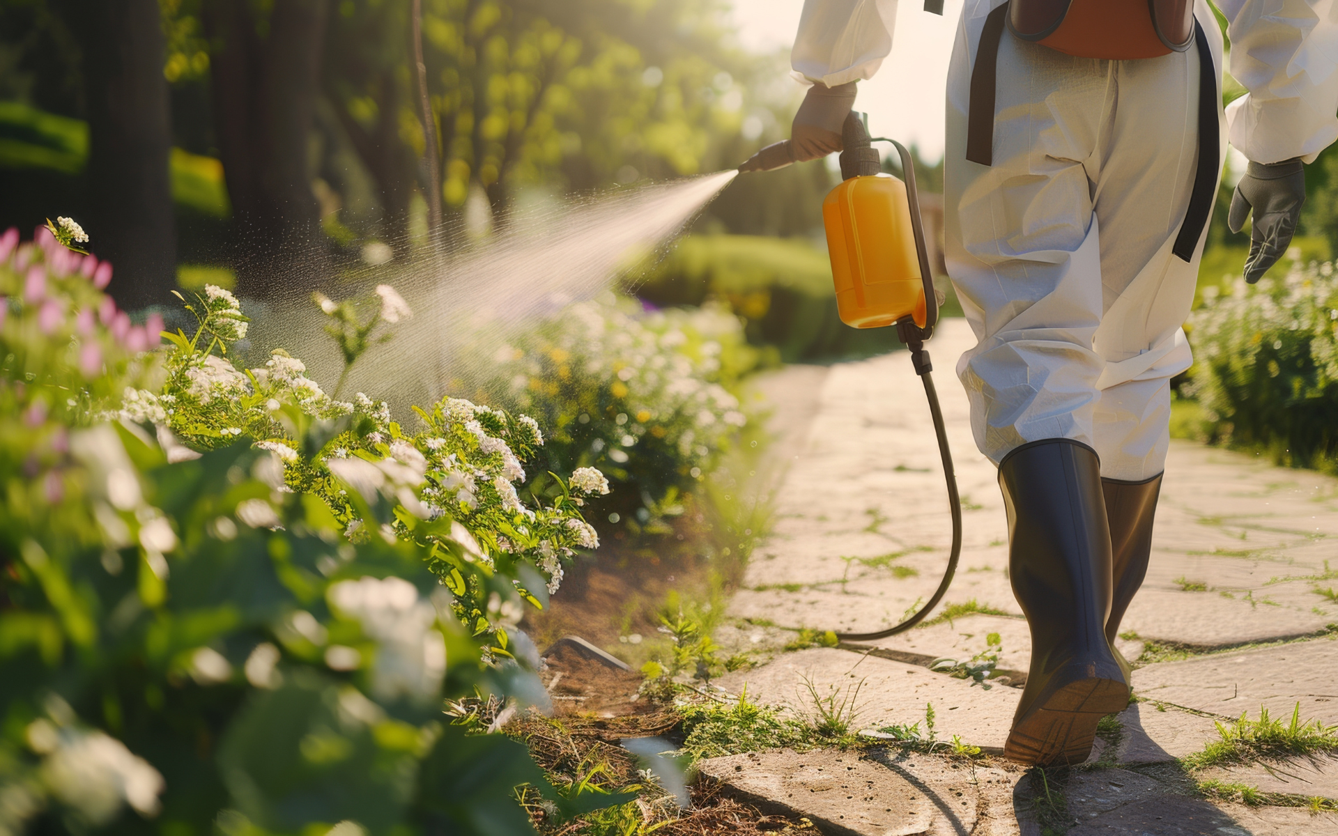 Image of an exterminator spraying outside representing Shelby's Pest Control in Chico