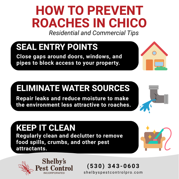 Infographic on How to prevent roaches in Chico homes and businesses – Shelby’s Pest Control experts sealing entry points.