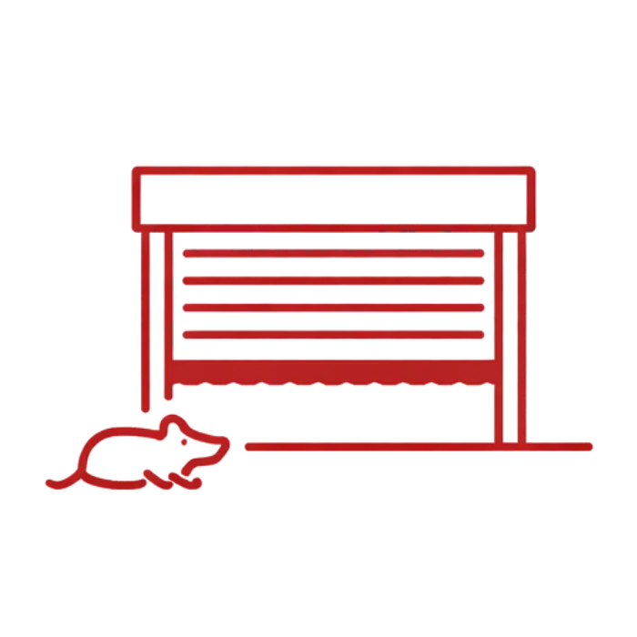 Red outline icon showing a commercial dock door with a rodent at the threshold, representing rodent entry points through door sweeps and loading dock doors.