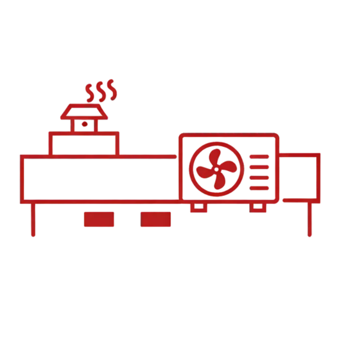Red outline icon of a flat commercial roof with rooftop HVAC equipment and vents, representing rodent entry points through HVAC systems and roof penetrations.