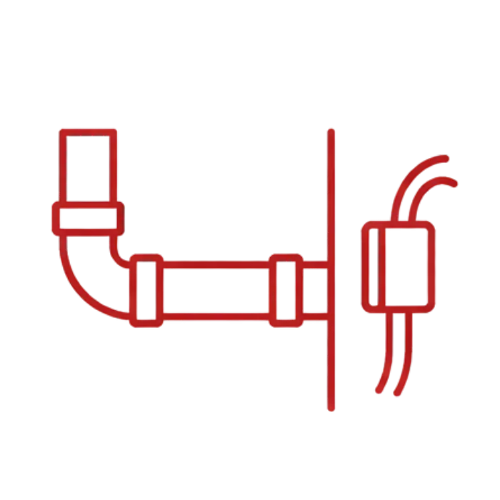 Red outline icon of plumbing and utility lines passing through a wall, representing rodent entry through pipe and utility penetrations in commercial buildings.