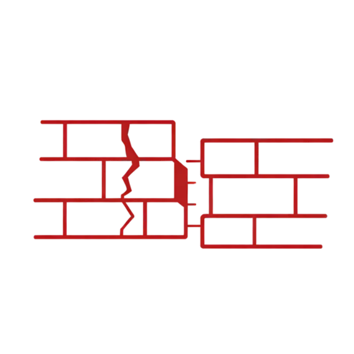 Red outline icon of a commercial foundation with visible cracks and gaps, representing rodent entry through structural openings in commercial buildings.