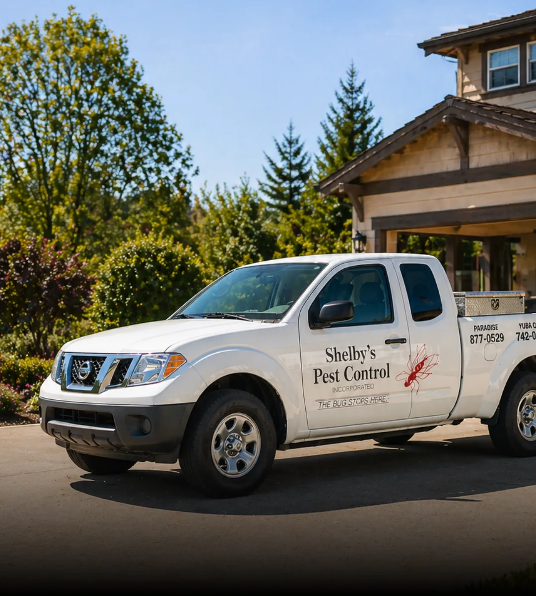 White pickup truck with 'Shelby’s Pest Control' branding parked in driveway, company logo and phone numbers visible on the side.