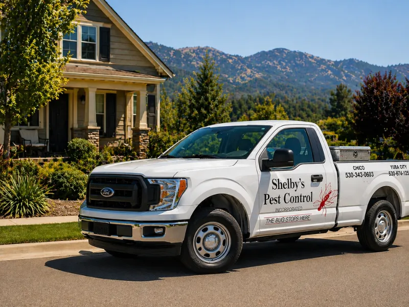 White pickup truck with Shelby's Pest Control branding parked on a suburban street, mountains in the background.