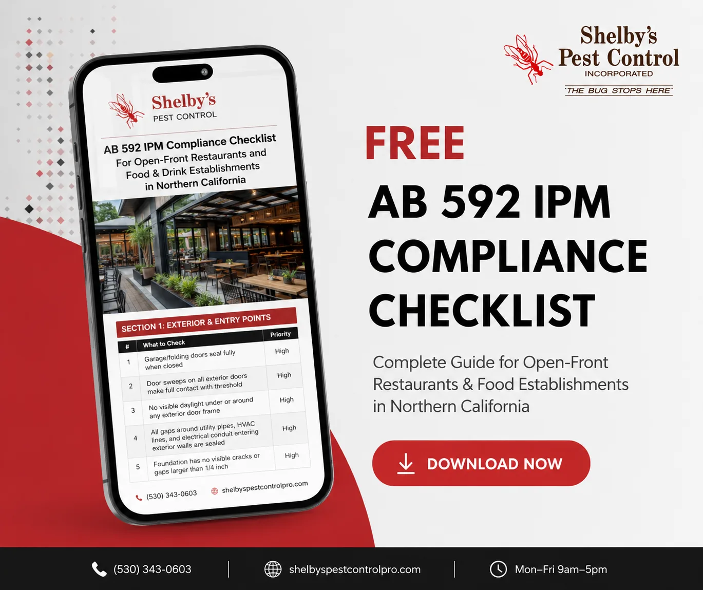 Promo banner for Shelby's Pest Control offering a free AB 592 IPM compliance checklist for open-front restaurants in Northern California, with a phone image and 'DOWNLOAD NOW' button.