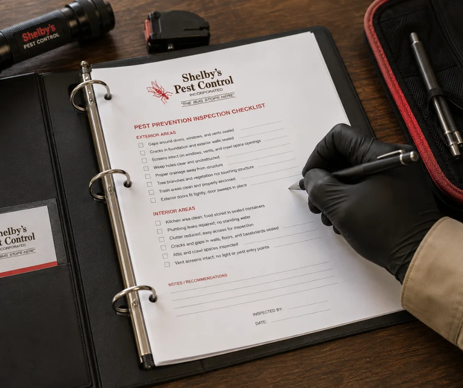 Hand wearing a black glove writes on a Pest Prevention Inspection Checklist in a Shelby's Pest Control binder.