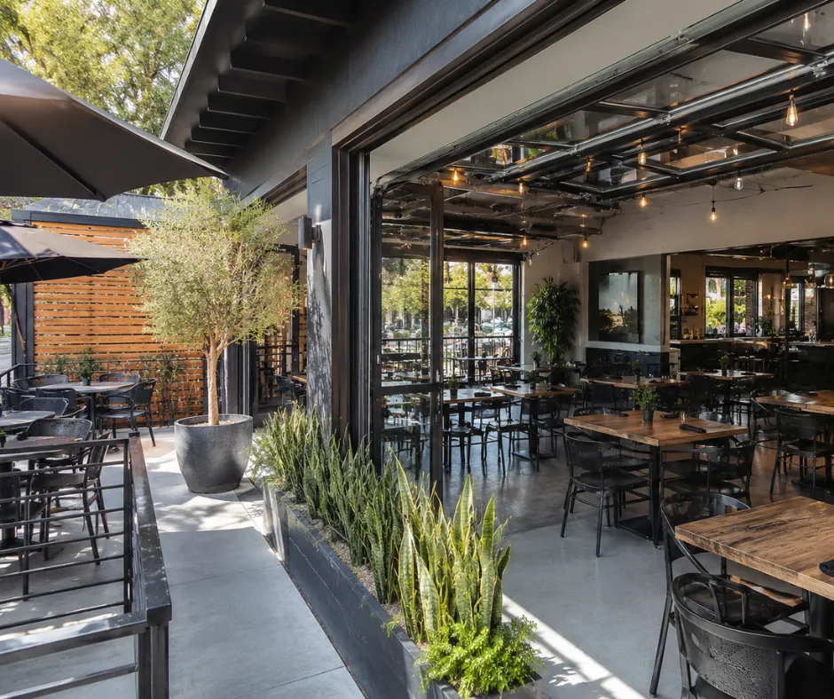 Open-air restaurant patio with wooden tables, black chairs, string lights, and potted trees outside the dining area.
