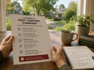 Person holding a pest-control pamphlet at a table with a mug, plant, and notebooks nearby outside light.