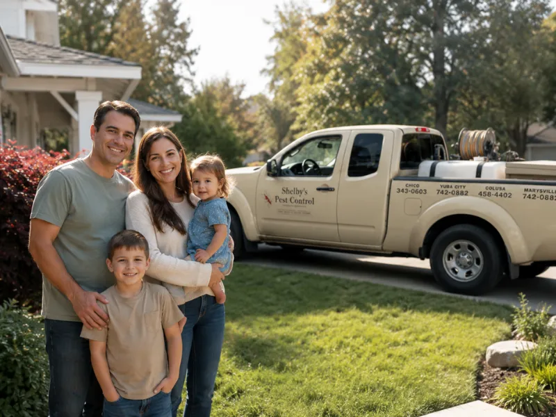 Family of four smiles for a photo in a front yard, with a beige pest control truck labeled Shelby's Pest Control in the background.