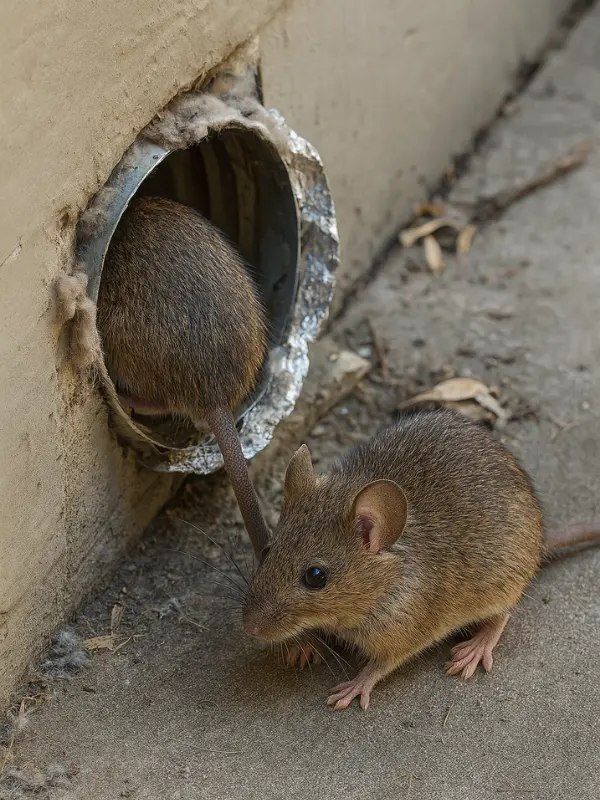 Two brown rats by a circular vent in a rough exterior wall, one entering the opening while the other sits on the ground nearby.