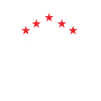 Logo: white shield-style emblem with a row of five red maple leaves arcing over the top on a black background