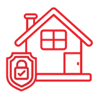 Red line-art house with a shield and checkmark, symbolizing home security/protection.