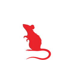 Red silhouette of a rat standing upright with a long curling tail on a white background (logo).